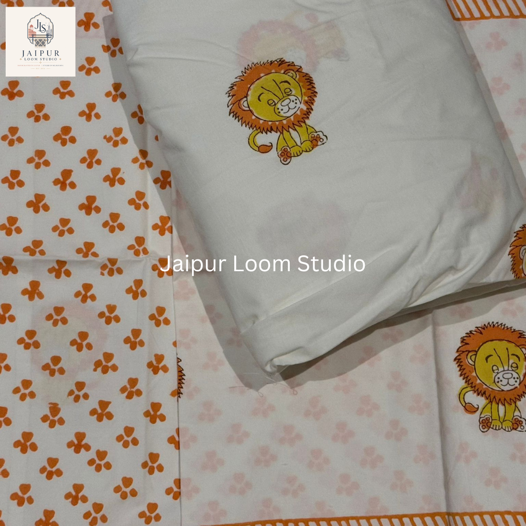 Mischievous Lion - Jaipur Hand Block Print 100% Cotton Fitted Bedsheet Set