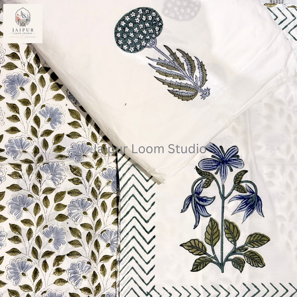 Blue Botanica - Jaipur Hand Block Print 100% Cotton Fitted Bedsheet Set