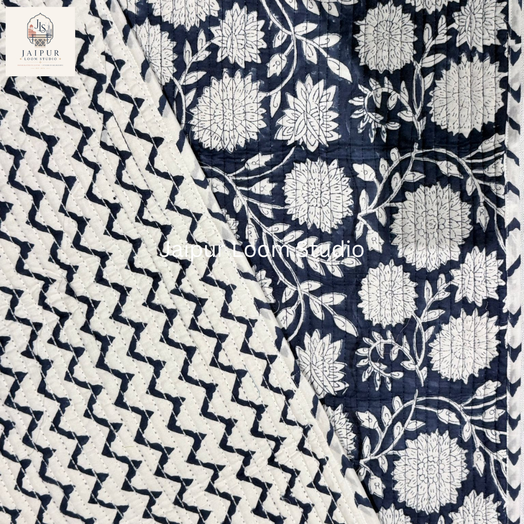 Reversible Indigo Chevron and Botanical Floral Quilted 100% Cotton Table Runner