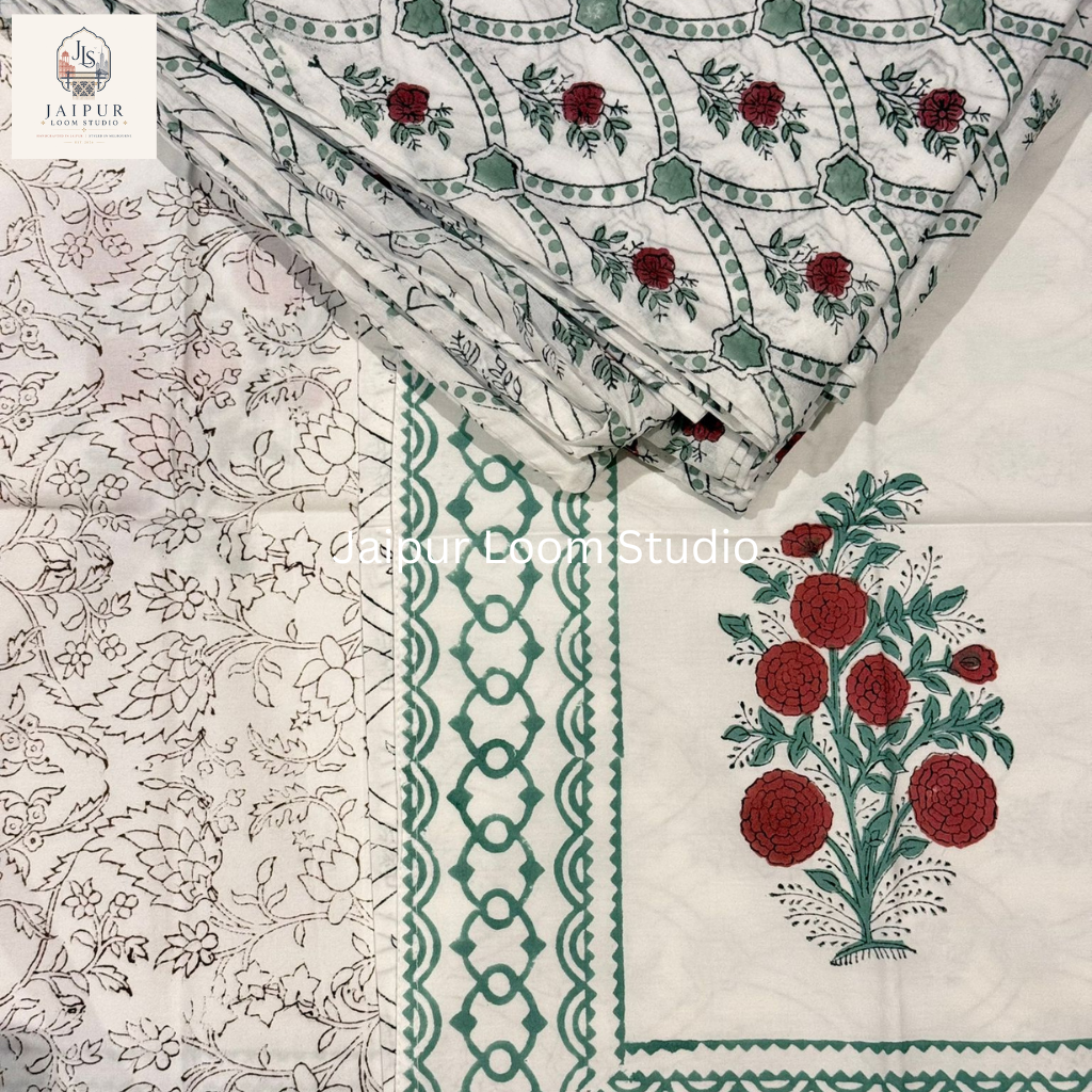 Ruby Flora - Jaipur Hand Block Print 100% Cotton Reversible Quilt Cover Set