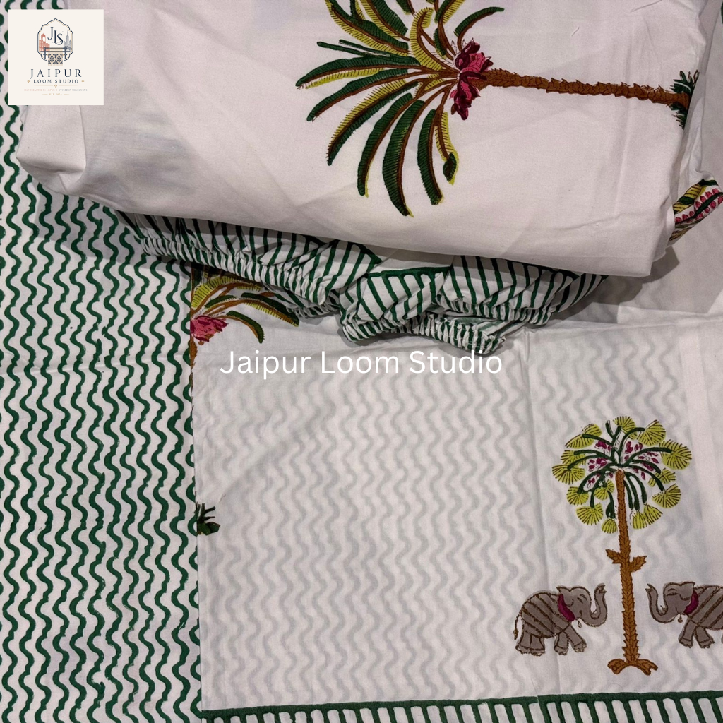Palm Safari - Jaipur Hand Block Print 100% Cotton Fitted Bedsheet Set