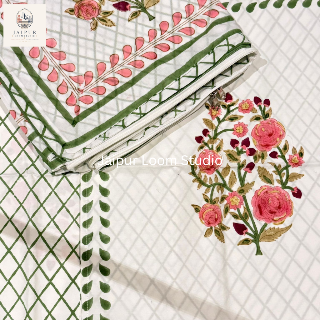 Rose Garden - Jaipur Hand Block Print 100% Cotton Reversible Quilt Cover Set