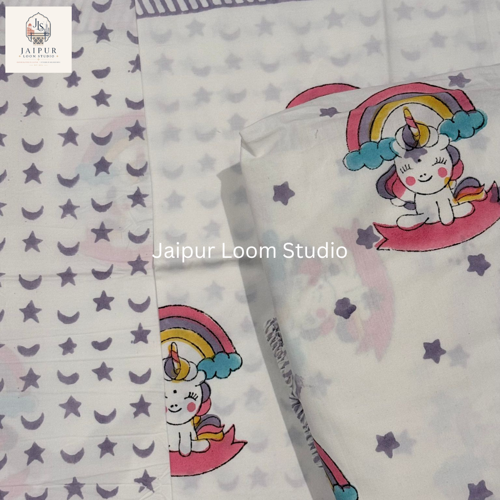 Magical Unicorns and Rainbows - Jaipur Hand Block Print 100% Cotton Fitted Bedsheet Set