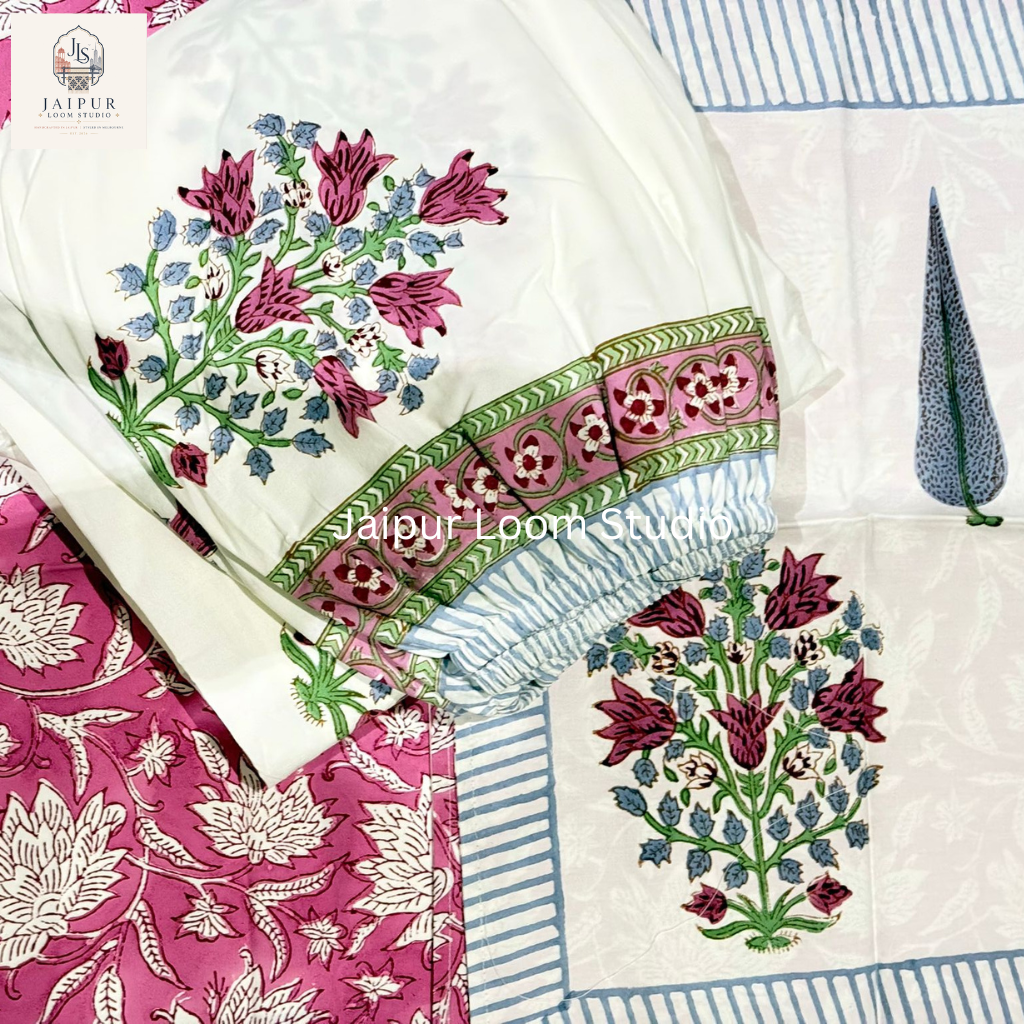 Mughal Bloom - Jaipur Hand Block Print 100% Cotton Fitted Bedsheet Set