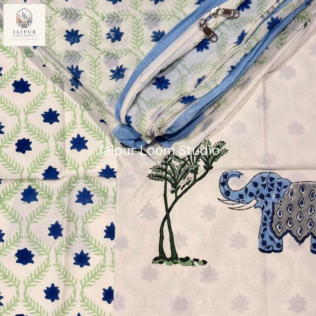 Azure Elephant - Jaipur Hand Block Print 100% Cotton Reversible Quilt Cover Set
