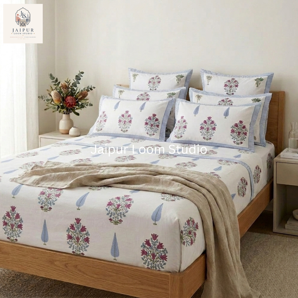Mughal Bloom - Jaipur Hand Block Print 100% Cotton Fitted Bedsheet Set