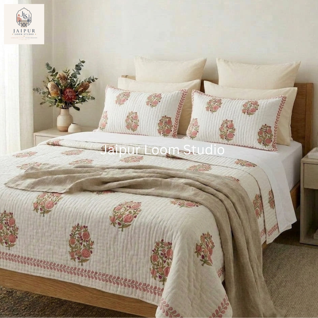 Rose Garden - Jaipur Hand Block Print 100% Cotton Reversible Quilt Cover Set