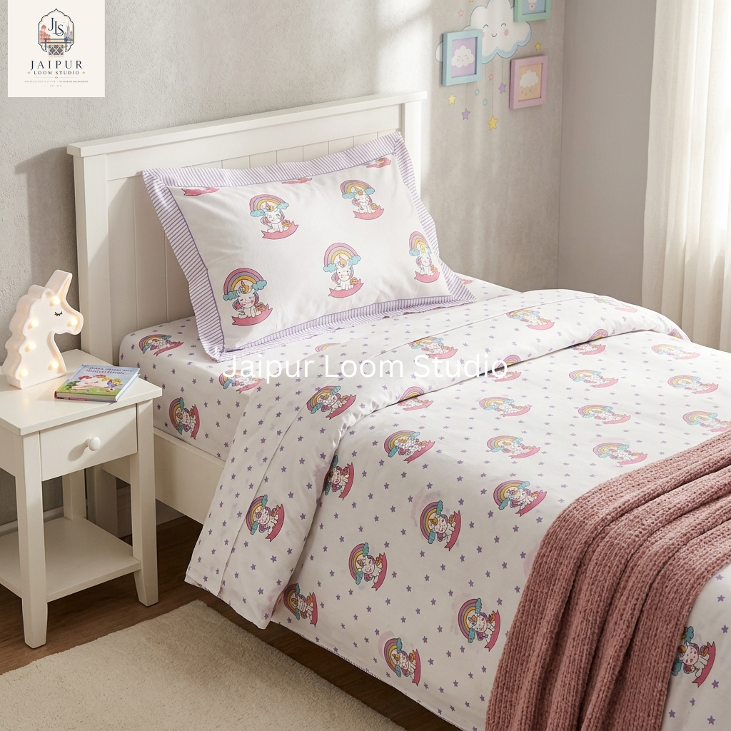Magical Unicorns and Rainbows - Jaipur Hand Block Print 100% Cotton Fitted Bedsheet Set