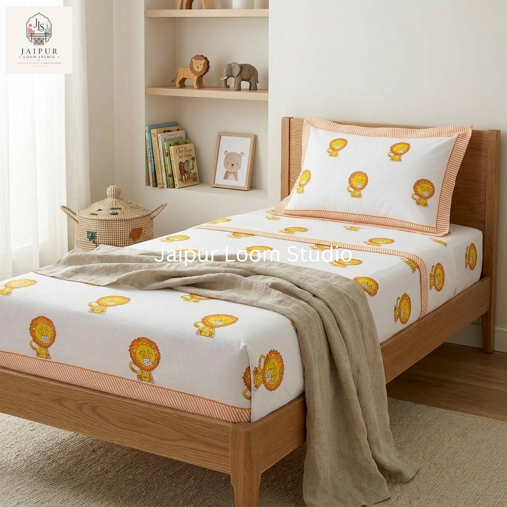 Mischievous Lion - Jaipur Hand Block Print 100% Cotton Fitted Bedsheet Set