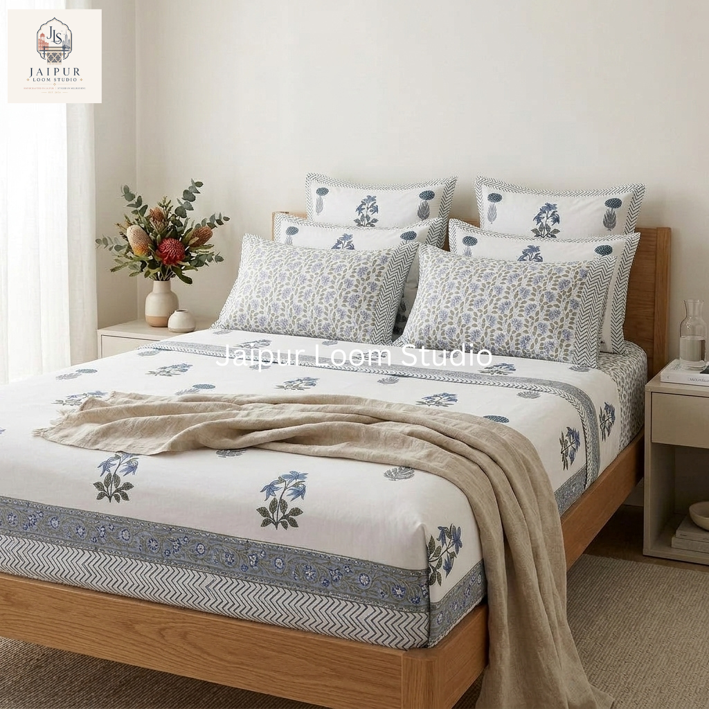 Blue Botanica - Jaipur Hand Block Print 100% Cotton Fitted Bedsheet Set