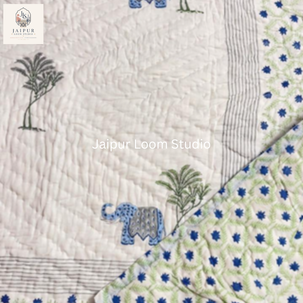 Azure Elephant - Jaipur Hand Block Print 100% Cotton Reversible Quilt Cover Set