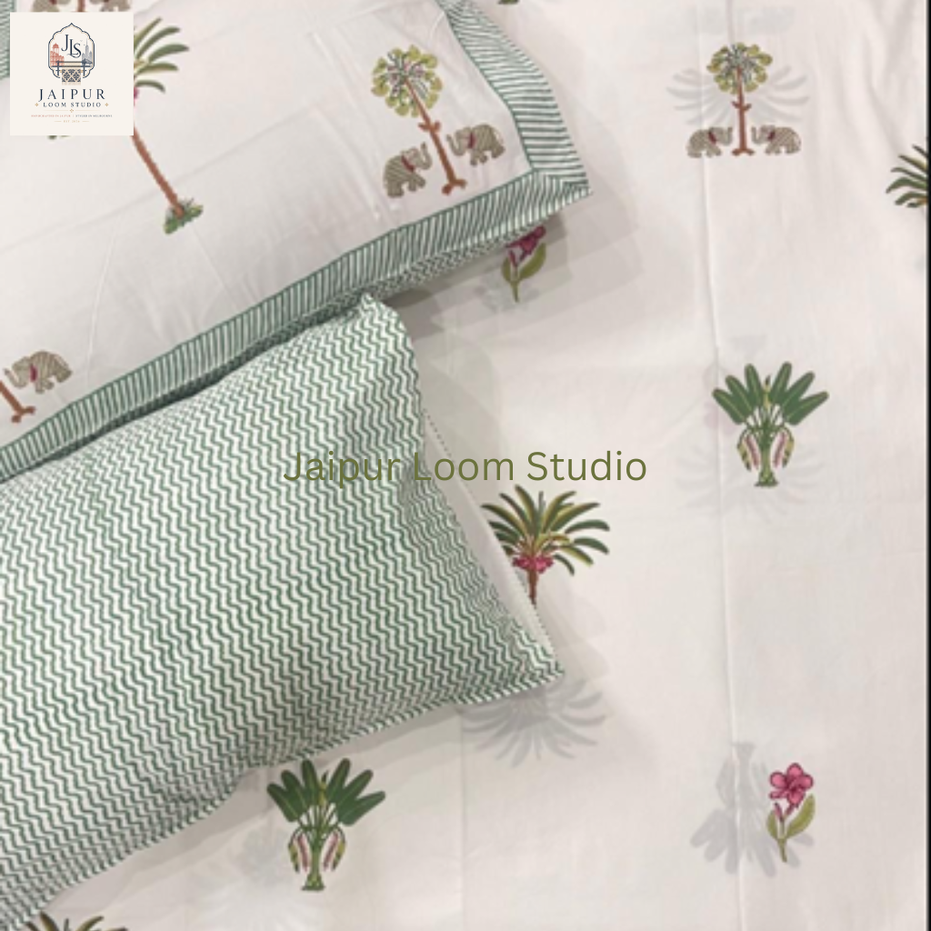 Palm Safari - Jaipur Hand Block Print 100% Cotton Fitted Bedsheet Set