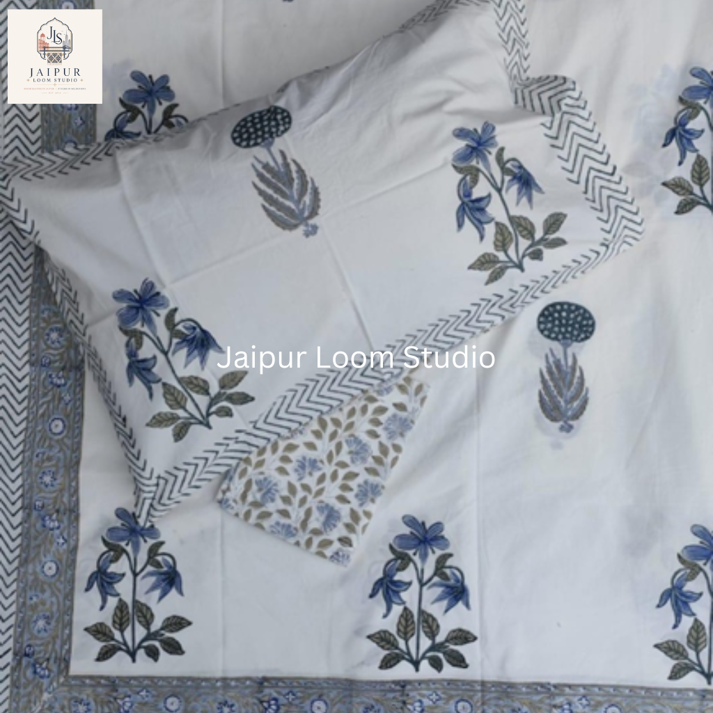 Blue Botanica - Jaipur Hand Block Print 100% Cotton Fitted Bedsheet Set