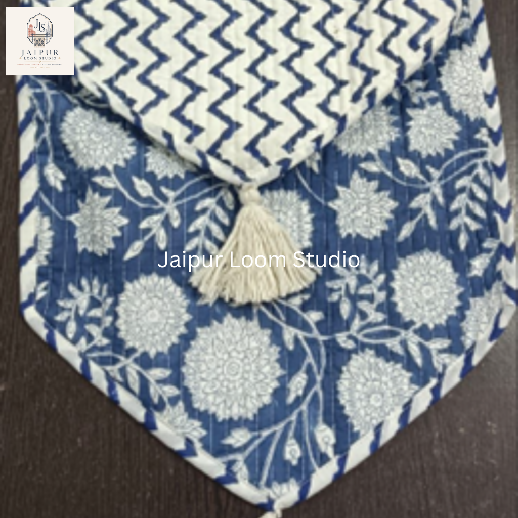Reversible Indigo Chevron and Botanical Floral Quilted 100% Cotton Table Runner