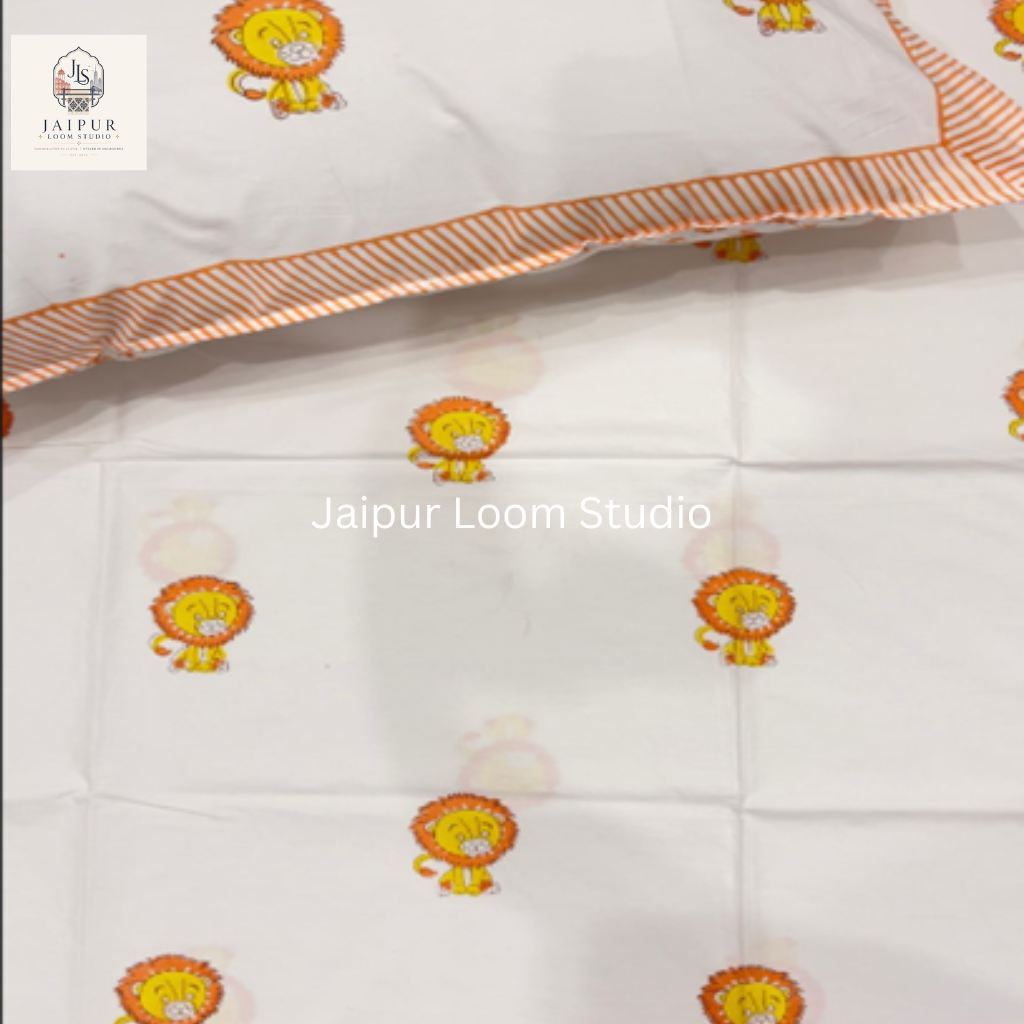 Mischievous Lion - Jaipur Hand Block Print 100% Cotton Fitted Bedsheet Set