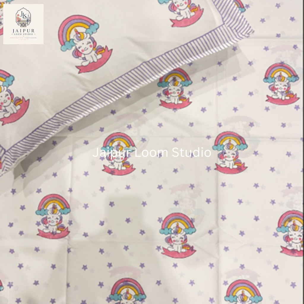 Magical Unicorns and Rainbows - Jaipur Hand Block Print 100% Cotton Fitted Bedsheet Set