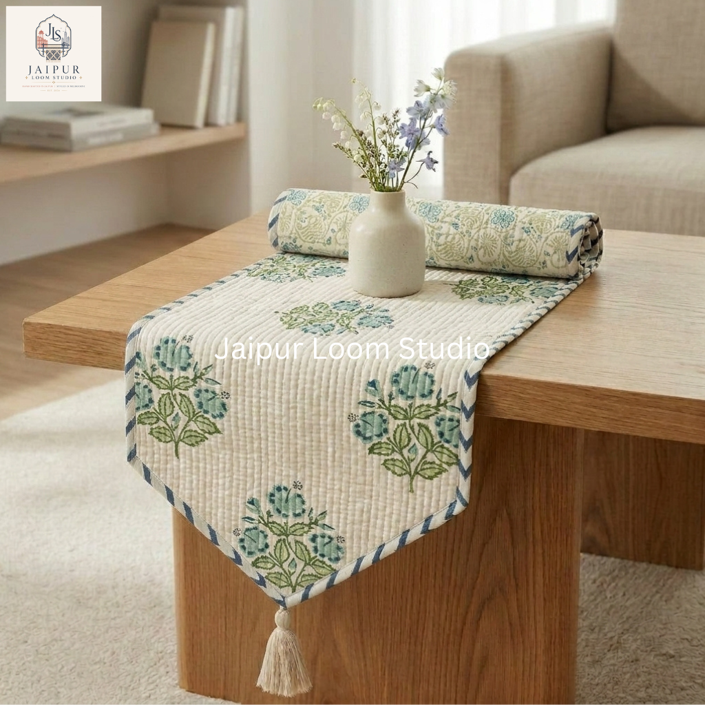 Reversible Sage Green Floral and Paisley Luxe Quilted 100% Cotton Table Runner