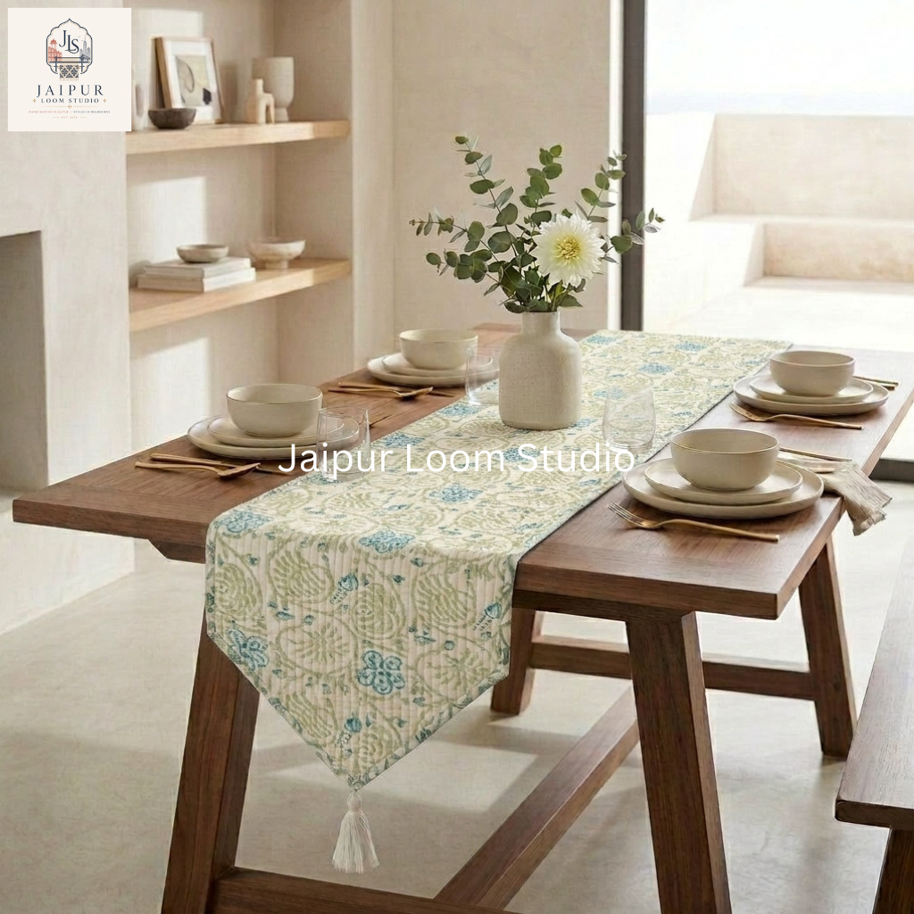 Reversible Sage Green Floral and Paisley Luxe Quilted 100% Cotton Table Runner