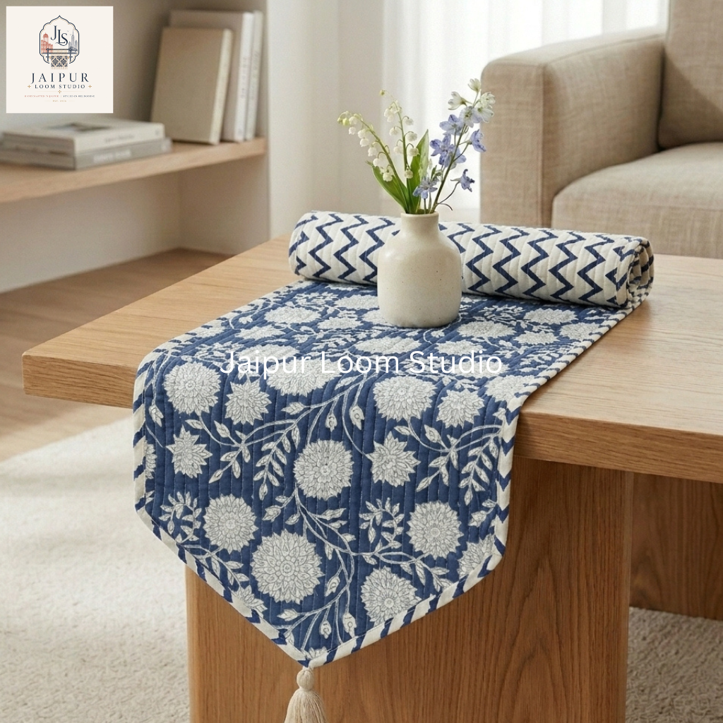Reversible Indigo Chevron and Botanical Floral Quilted 100% Cotton Table Runner