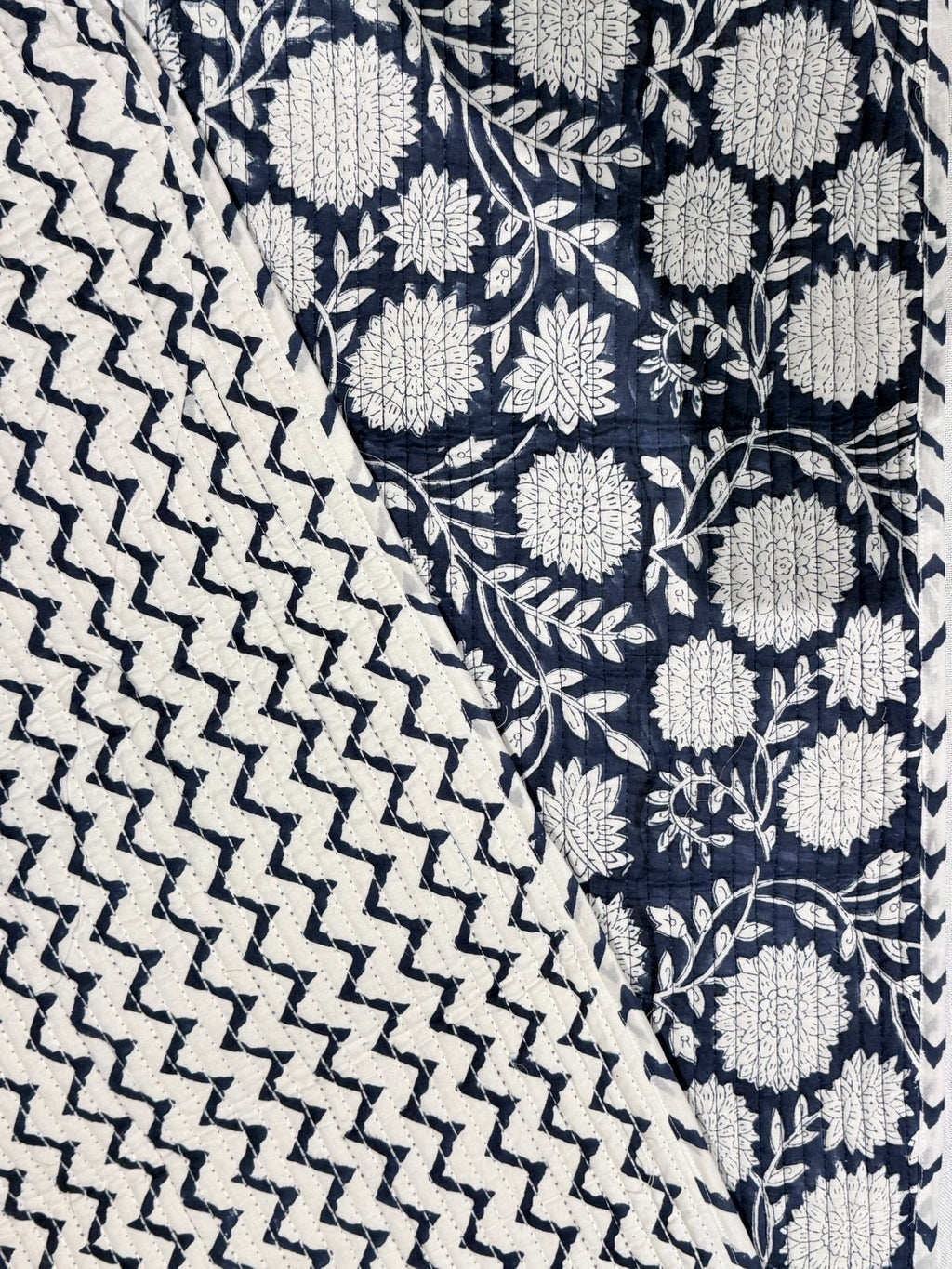 Reversible Indigo Chevron and Botanical Floral Quilted 100% Cotton Table Runner