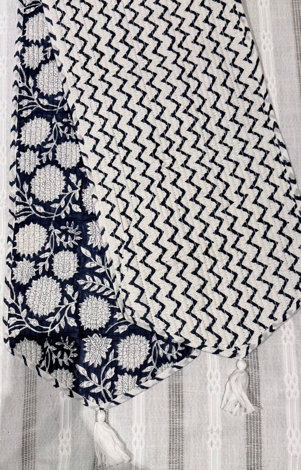 Reversible Indigo Chevron and Botanical Floral Quilted 100% Cotton Table Runner