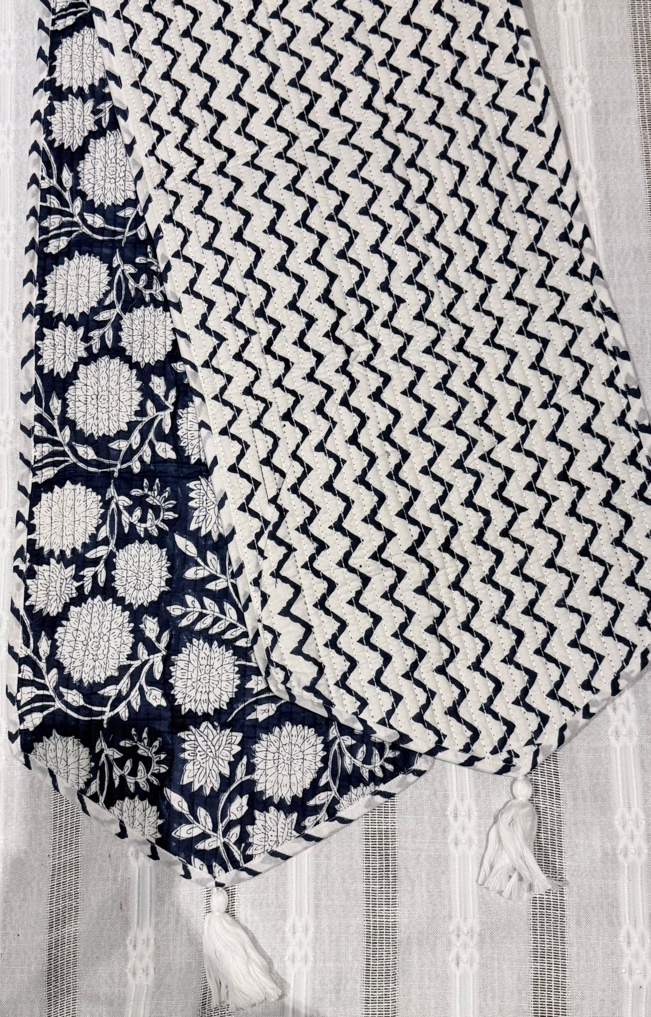 Reversible Indigo Chevron and Botanical Floral Quilted 100% Cotton Table Runner