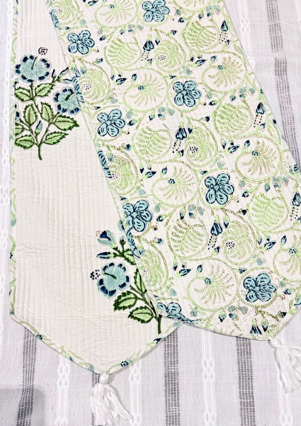 Reversible Sage Green Floral and Paisley Luxe Quilted 100% Cotton Table Runner