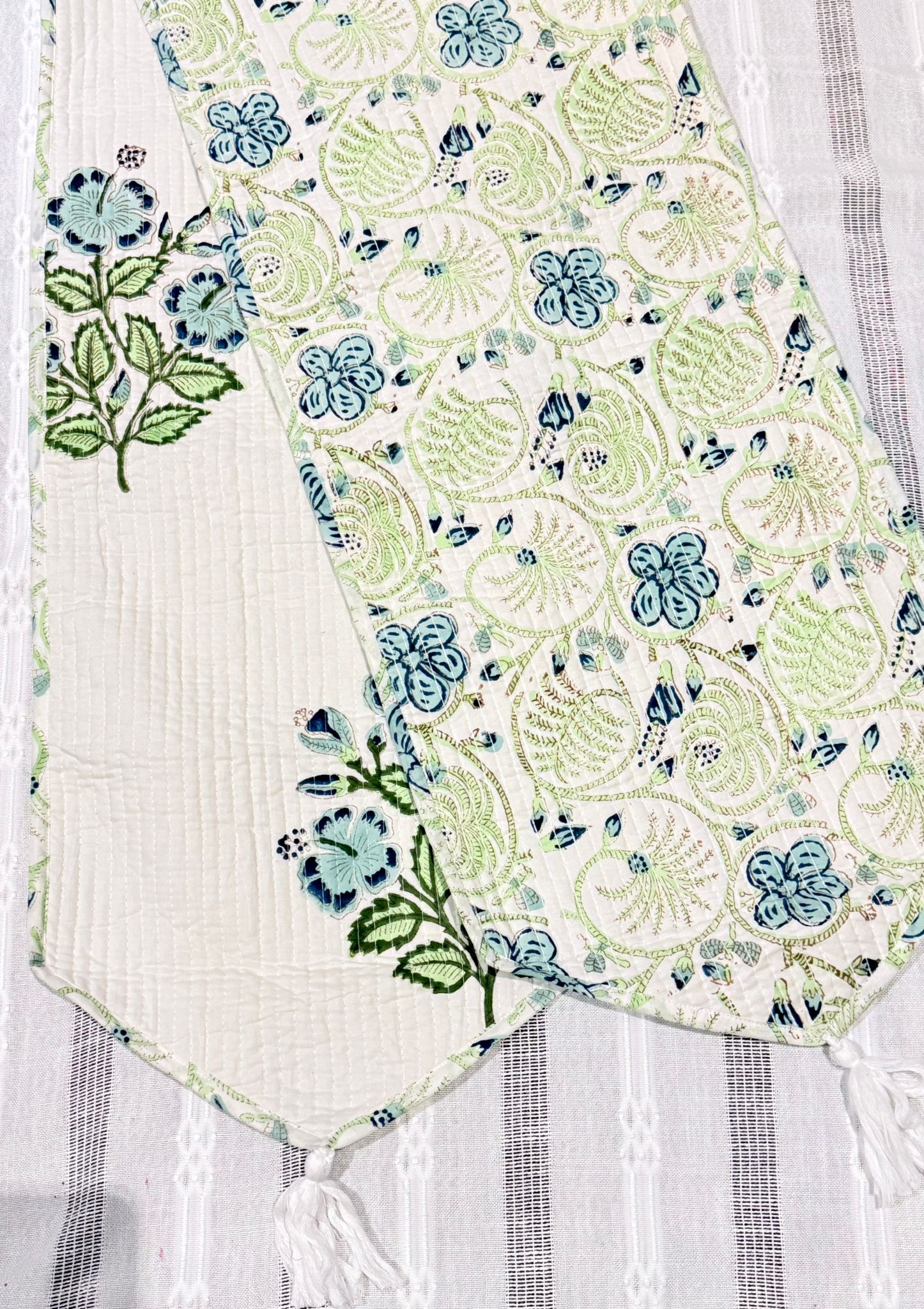 Reversible Sage Green Floral and Paisley Luxe Quilted 100% Cotton Table Runner