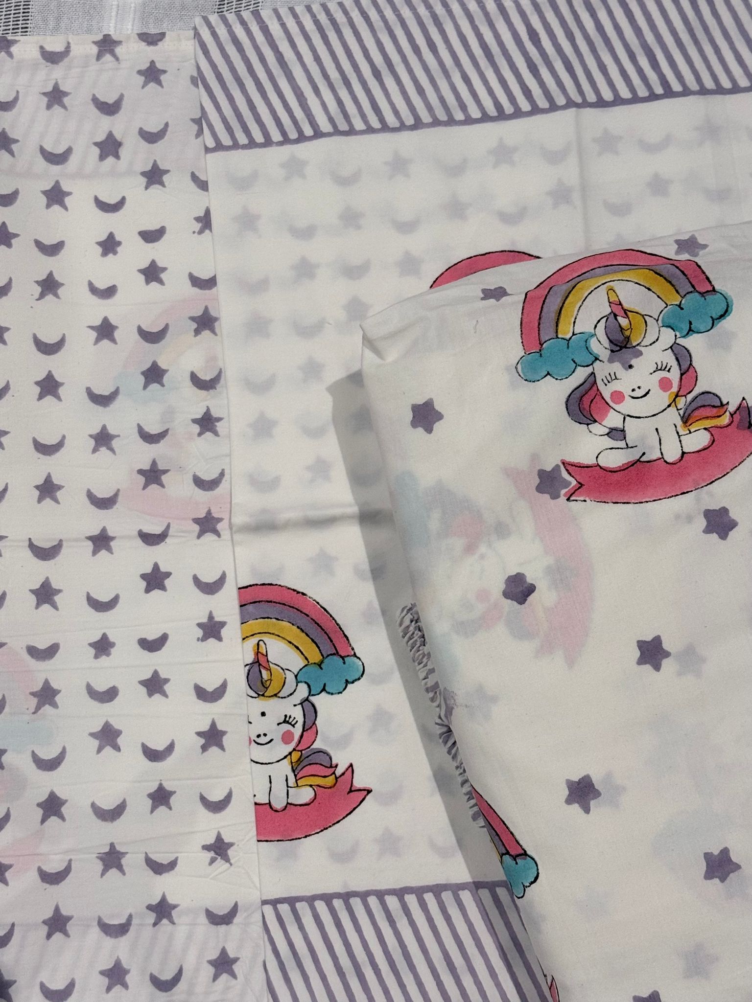 Magical Unicorns and Rainbows - Jaipur Hand Block Print 100% Cotton Fitted Bedsheet Set