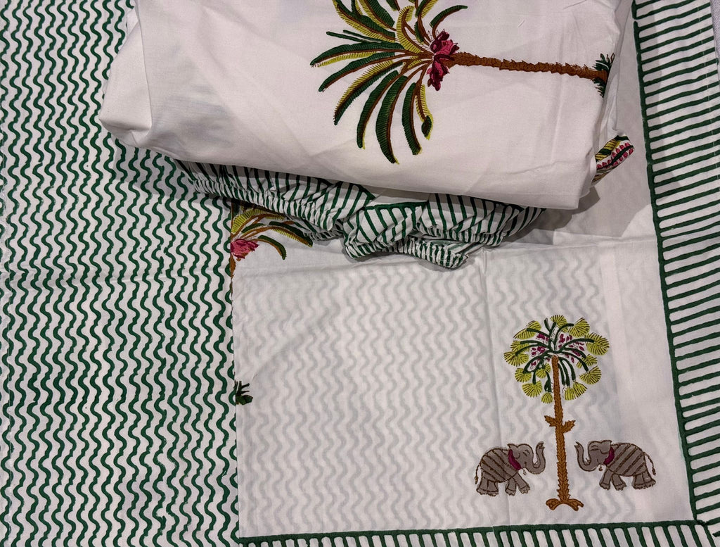 Palm Safari - Jaipur Hand Block Print 100% Cotton Fitted Bedsheet Set