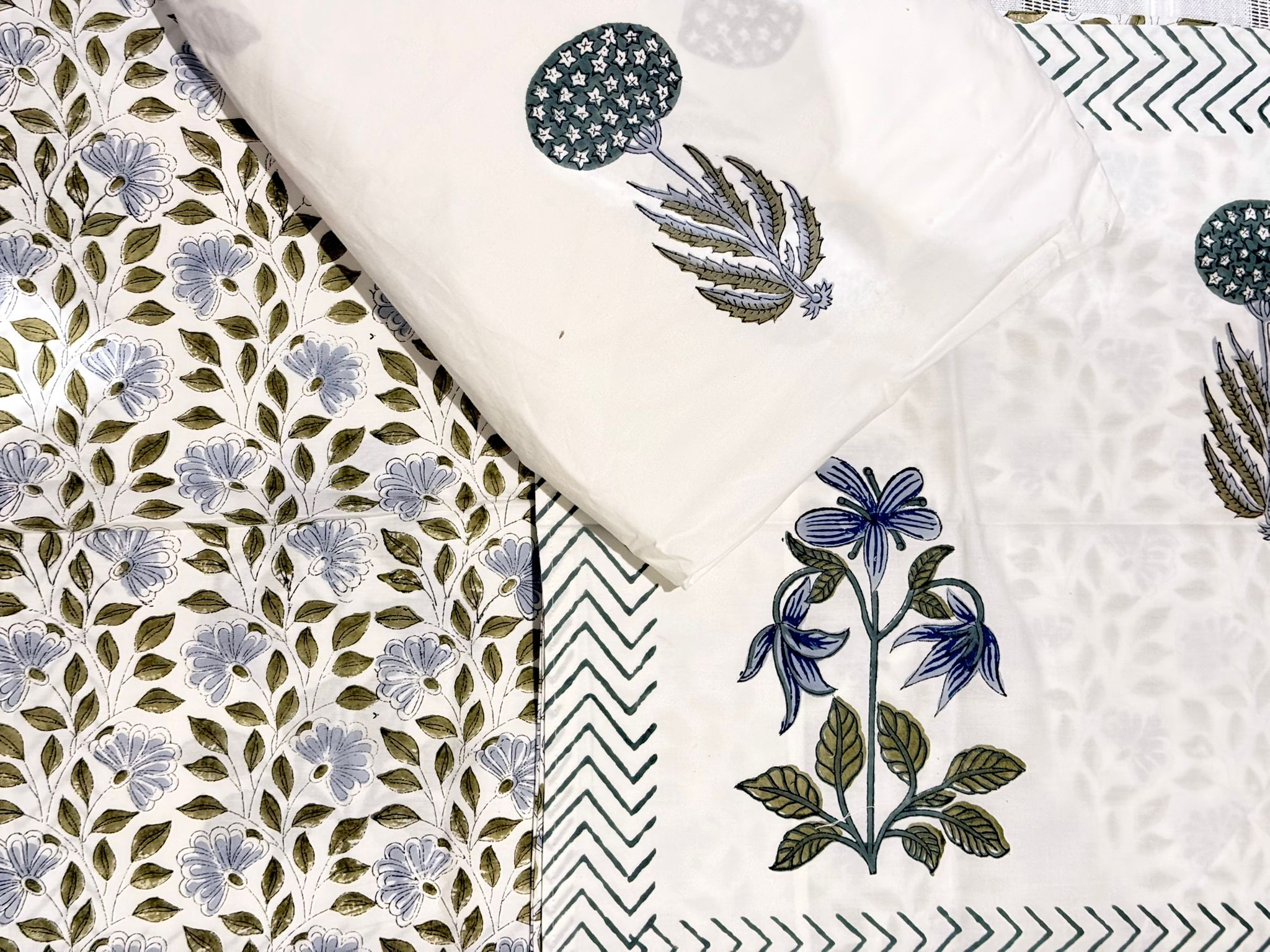 Blue Botanica - Jaipur Hand Block Print 100% Cotton Fitted Bedsheet Set