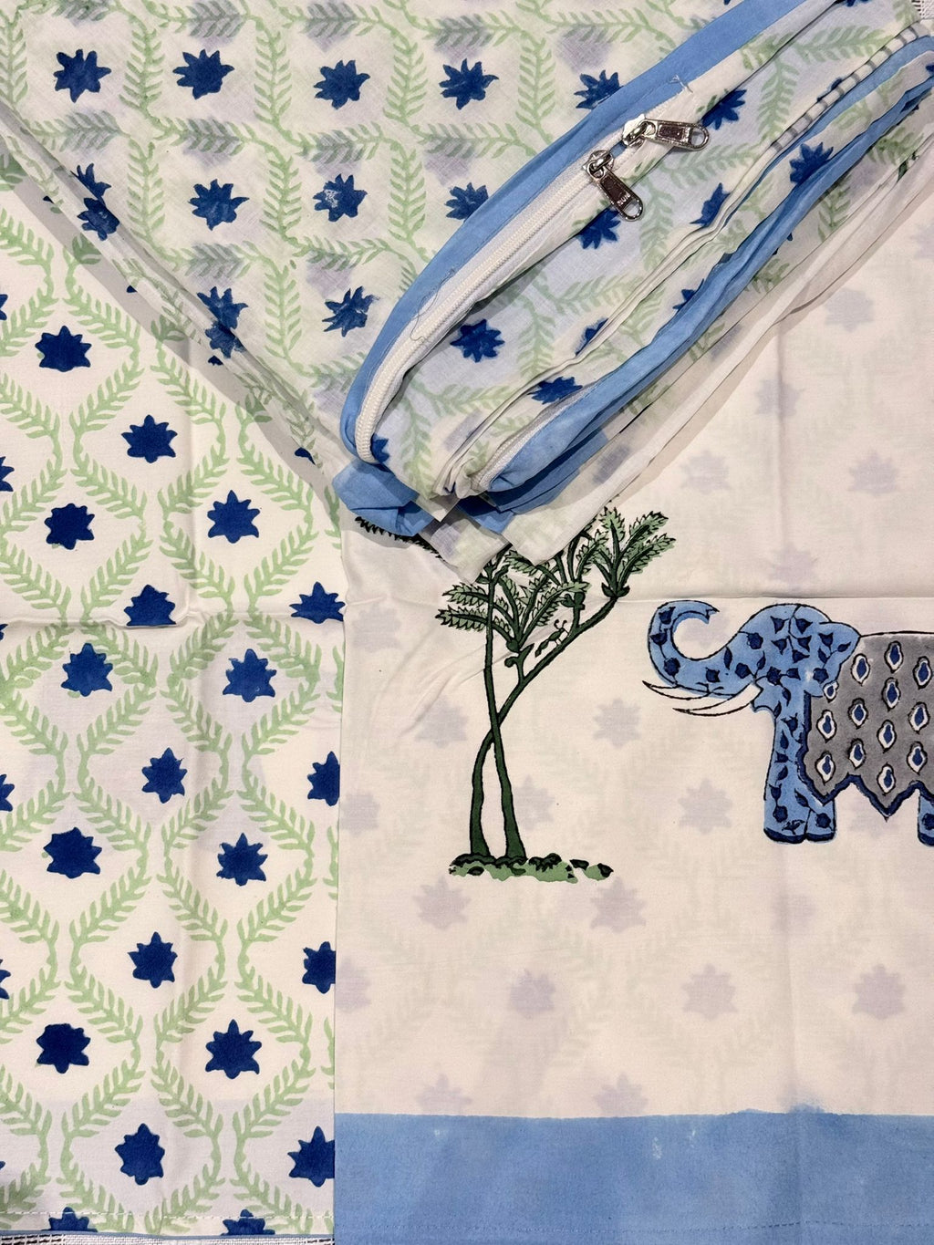 Azure Elephant - Jaipur Hand Block Print 100% Cotton Reversible Quilt Cover Set