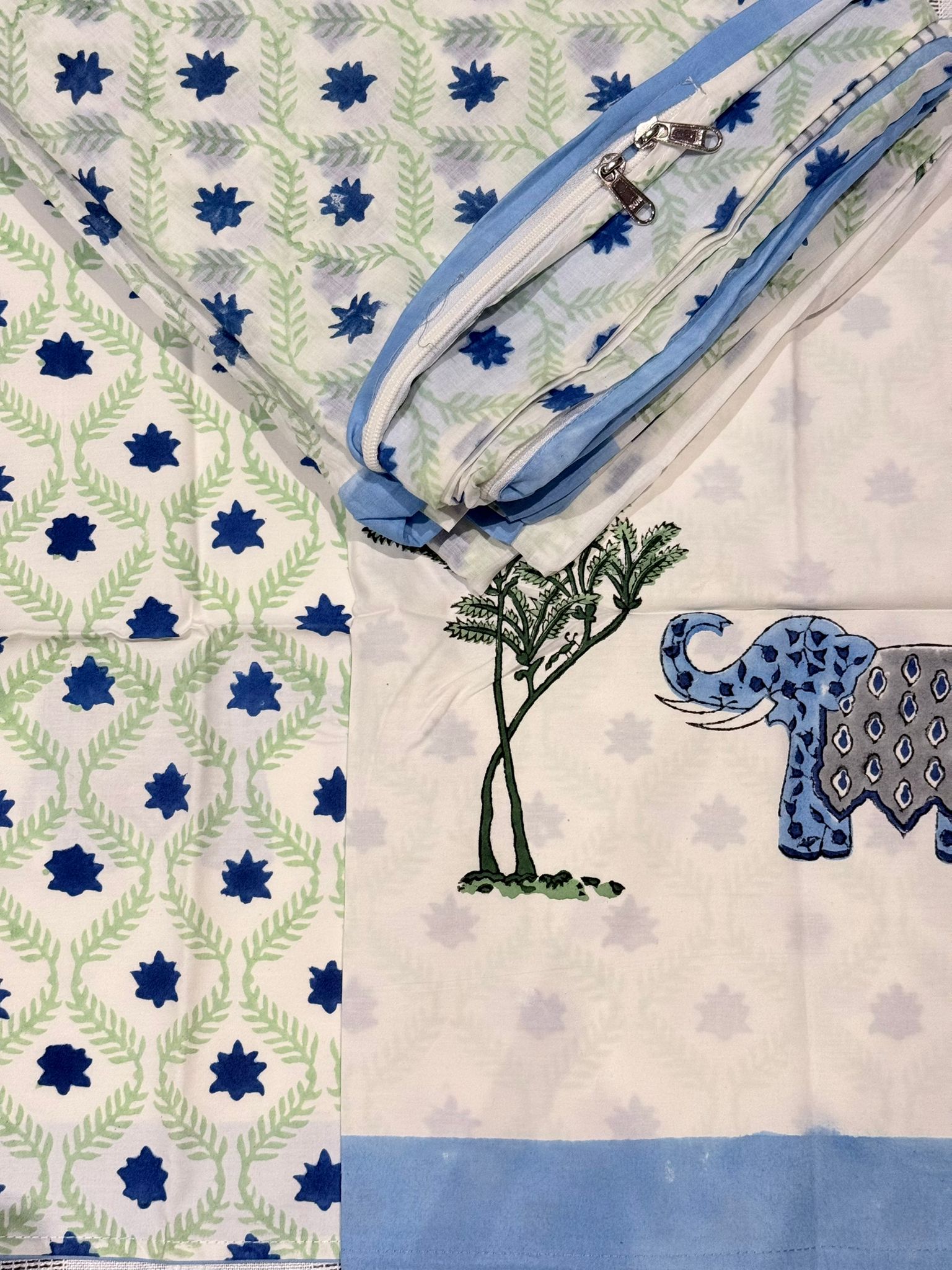 Azure Elephant - Jaipur Hand Block Print 100% Cotton Reversible Quilt Cover Set