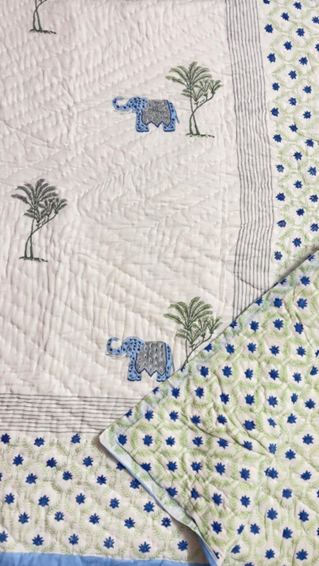 Jaipur Hand Block Print Palm Tree and Elephant Quilt Close-up