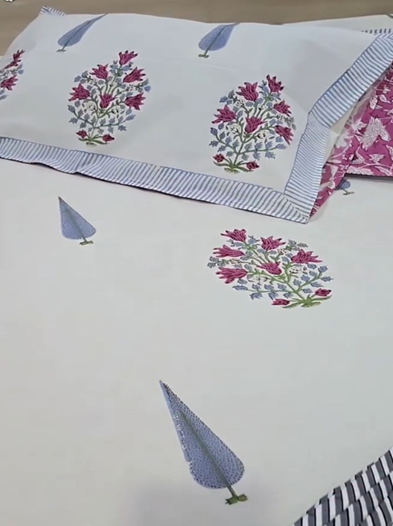 Jaipur Hand Block Print Cotton Fitted Bedsheet Set - Slate Blue Floral & Chevron Bedding close up