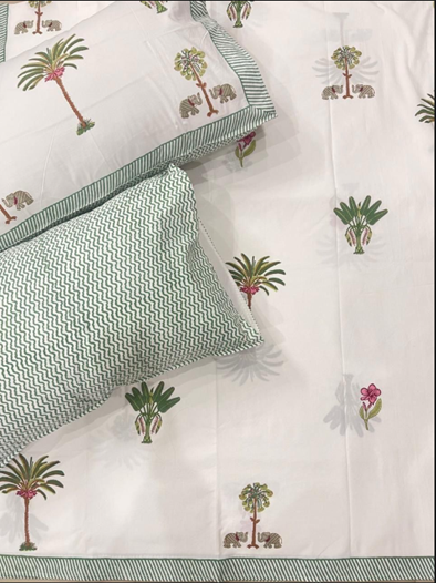 Jaipuri Hand-Block Print Cotton Bedsheet Set with Palm and Elephant Motifs