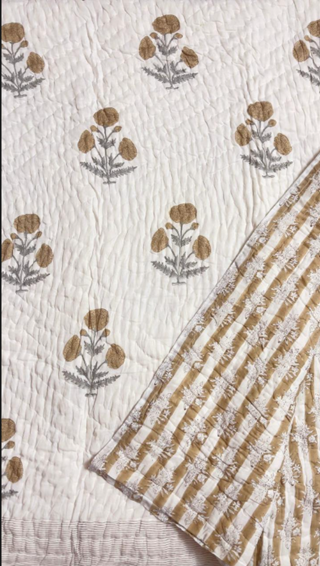Traditional Hand-Stitched Ochre Floral Block Print Quilted Fabric Detail