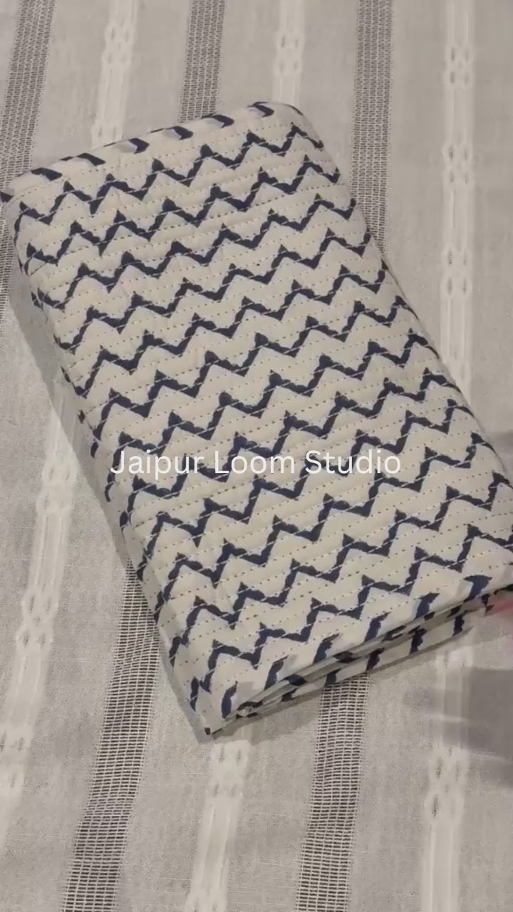 Reversible Indigo Chevron and Botanical Floral Quilted 100% Cotton Table Runner