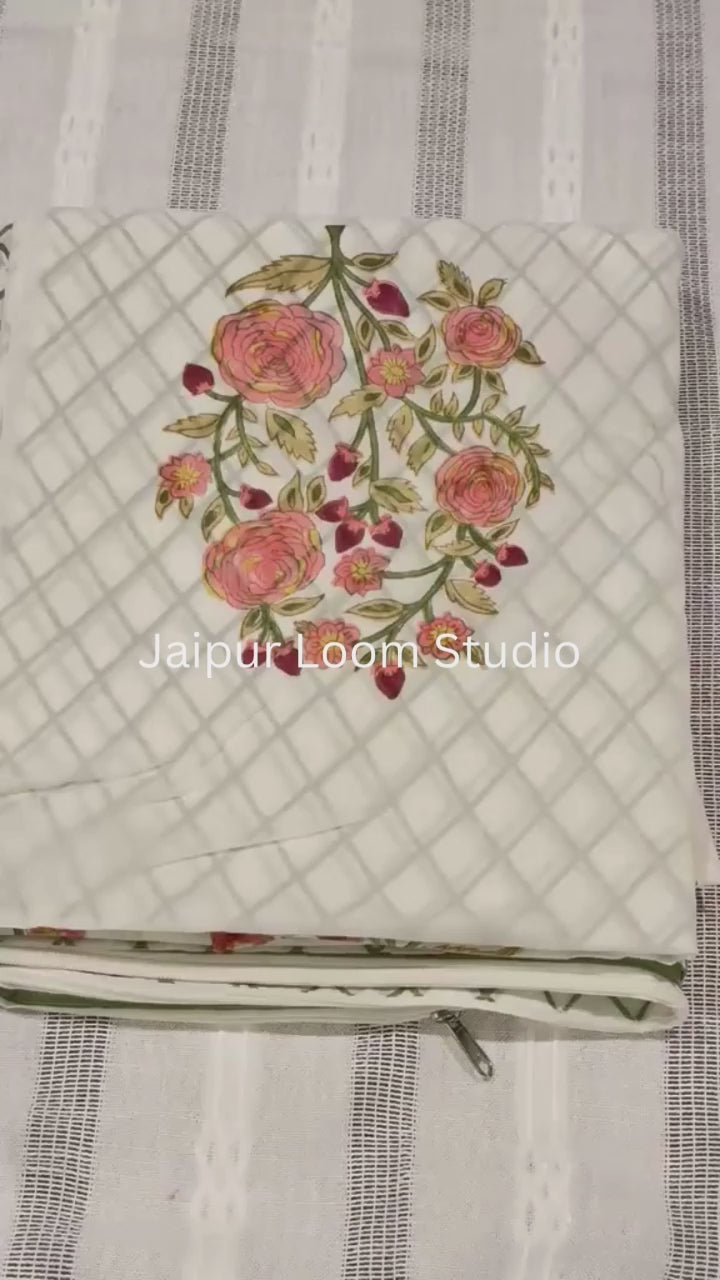 Rose Garden - Jaipur Hand Block Print 100% Cotton Reversible Quilt Cover Set
