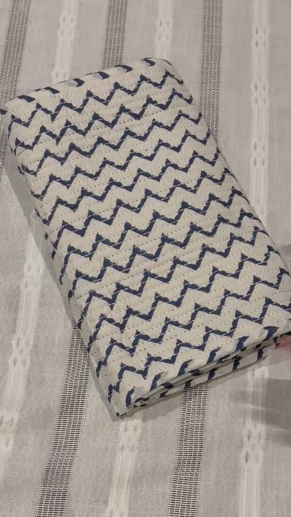 Reversible Indigo Chevron and Botanical Floral Quilted 100% Cotton Table Runner