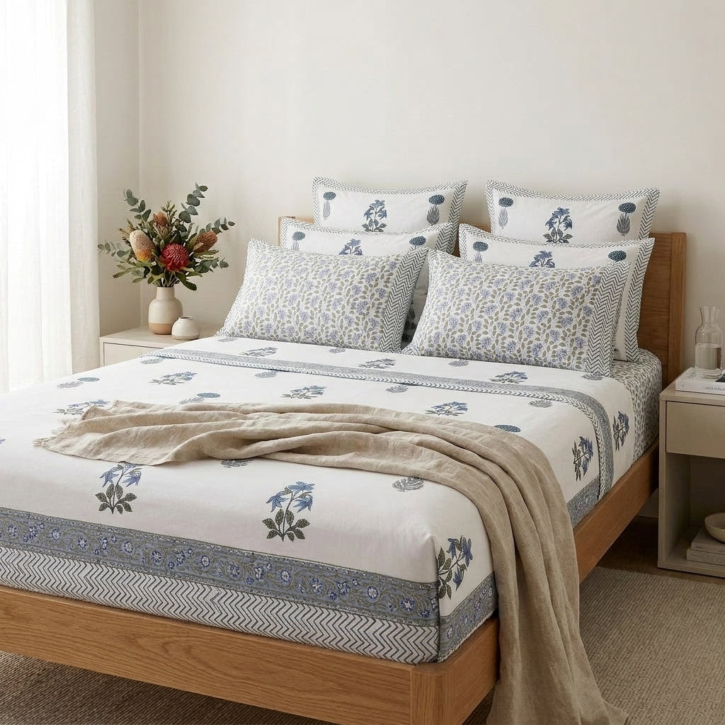 Jaipur Hand Block Print Cotton Bedsheet Set - Slate Blue Floral Lifestyle