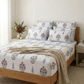 Jaipur Hand Block Print Cotton Bedsheet Set - Slate Blue Floral & Chevron Bedding with leaf motifs in Bedroom Setting