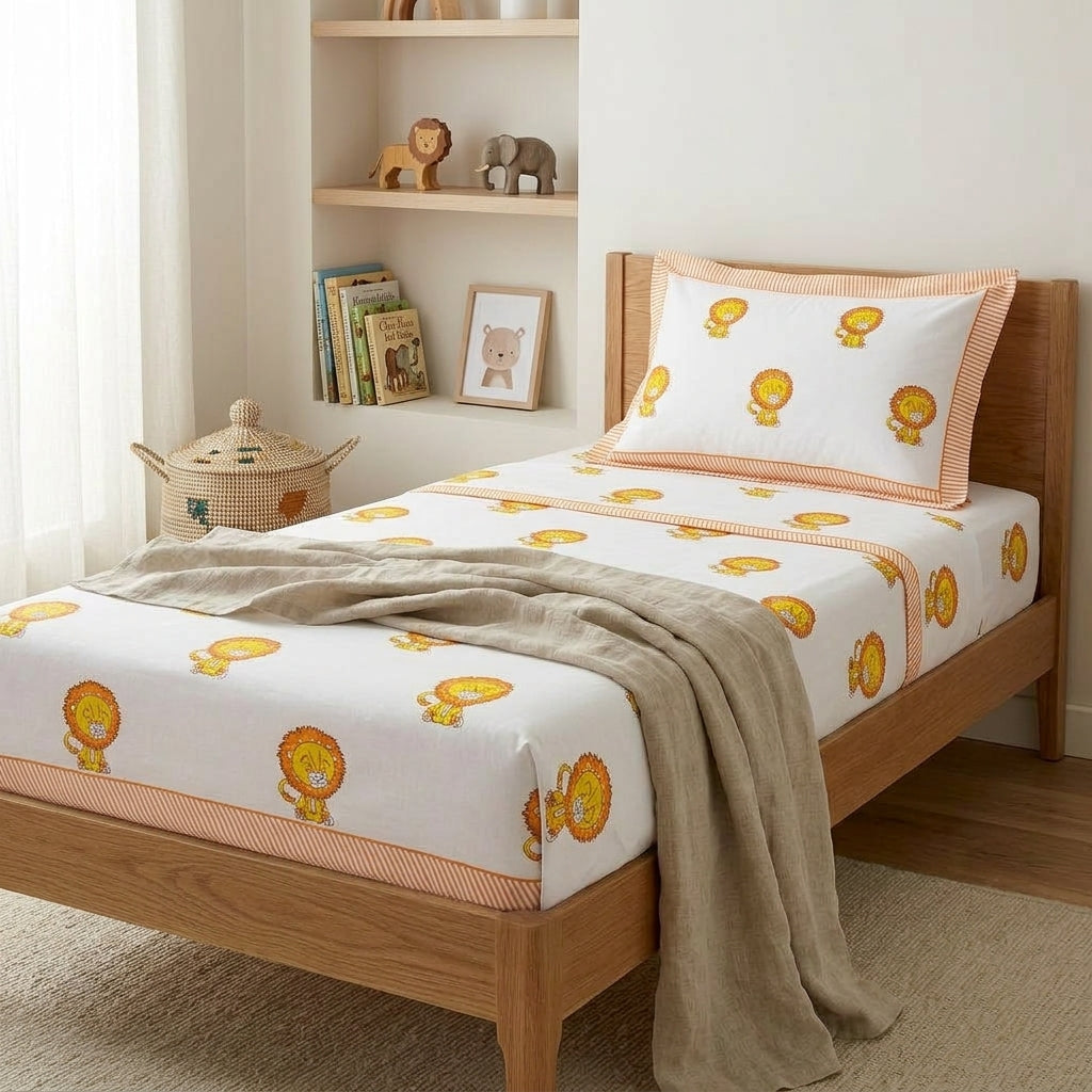 Cartoon Lion print bedding on a single bed in a boy's kid room