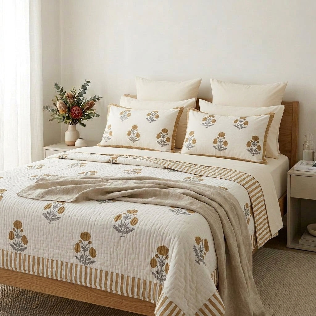 Ochre Floral Block-Print Cotton Quilt Set - Alternative Bedroom View