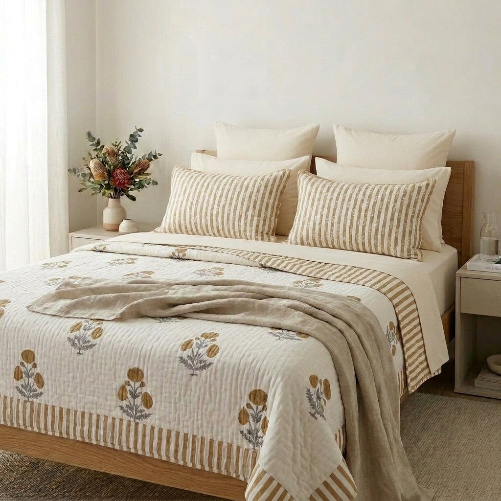 Ochre Stripe Hand-Stitched Reversible Quilt Set - Alternative Stripe Side Bed View