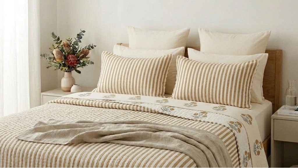 Ochre Stripe Jaipur Block-Print Reversible Quilt Cover Set - Stripe Side Up Bed View
