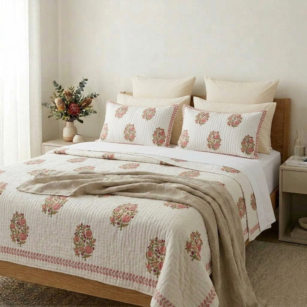 Rose Botanica Jaipur Hand Block Print Quilt Cover Set with beige bedsheets and beige back pillows