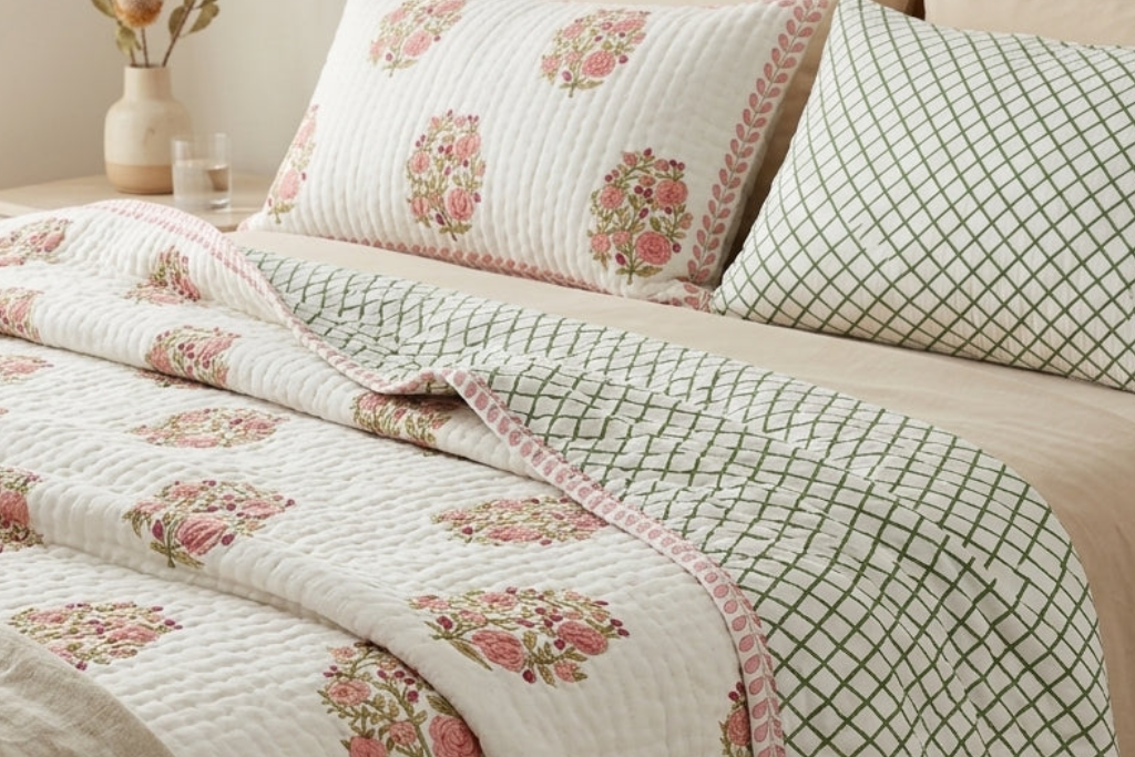 Reversible Jaipur Hand Block Print Quilt Cover Set with beige bedsheets and beige back pillows