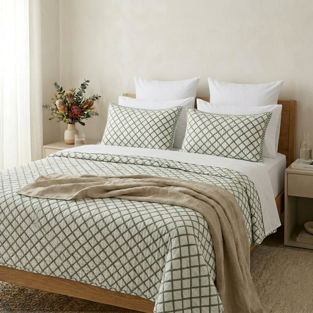 Sage Green Diamond Grid Quilt Cover Set with white bedsheets and white back pillows