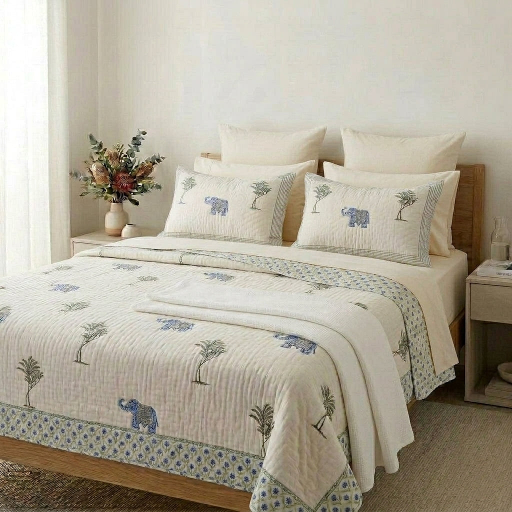 Jaipur block print quilt with matching cream sheets, reversible border details, and folded white throw